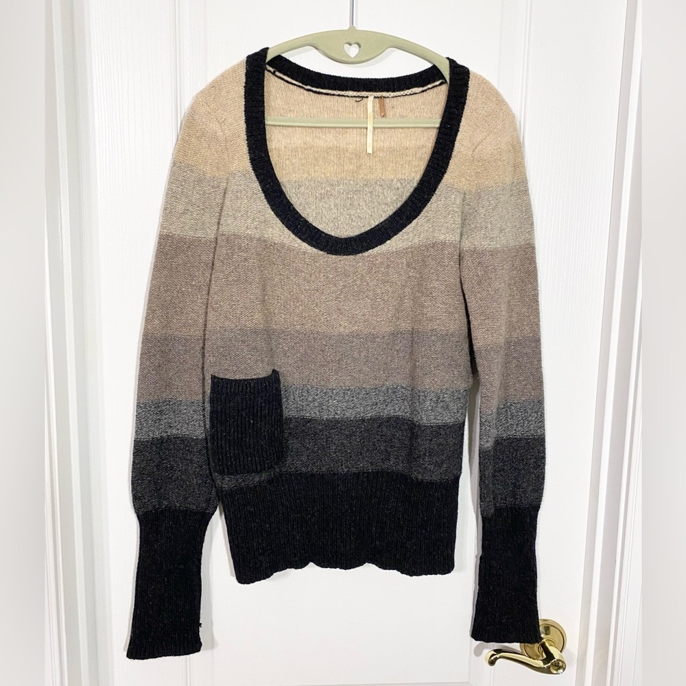 Y2K Free People Wool Ombre Scoop Neck Pocket Sweater Tan Gray Size Medium
